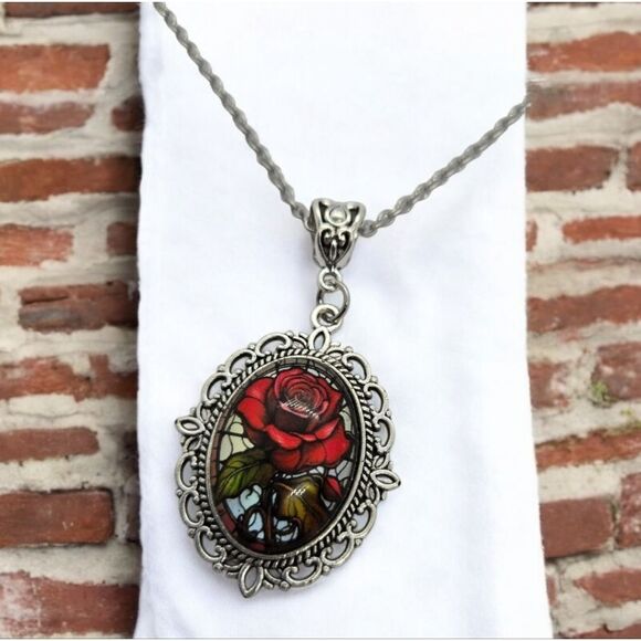 Mosaic Red Rose Portrait Cabochon Silver Glass Dome Victorian Goth Necklace - Picture 6 of 8